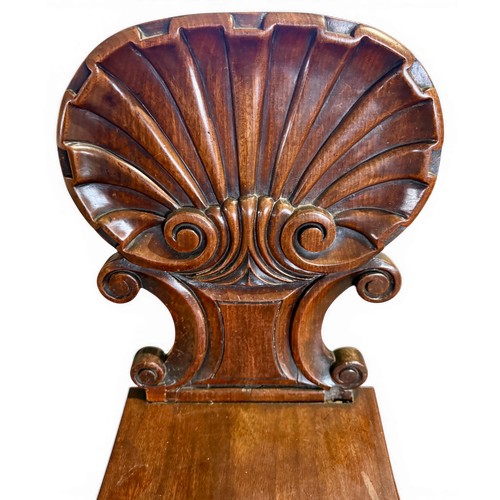 30 - A 19thC mahogany hall chair with shell shaped back. Height to back 83cm.