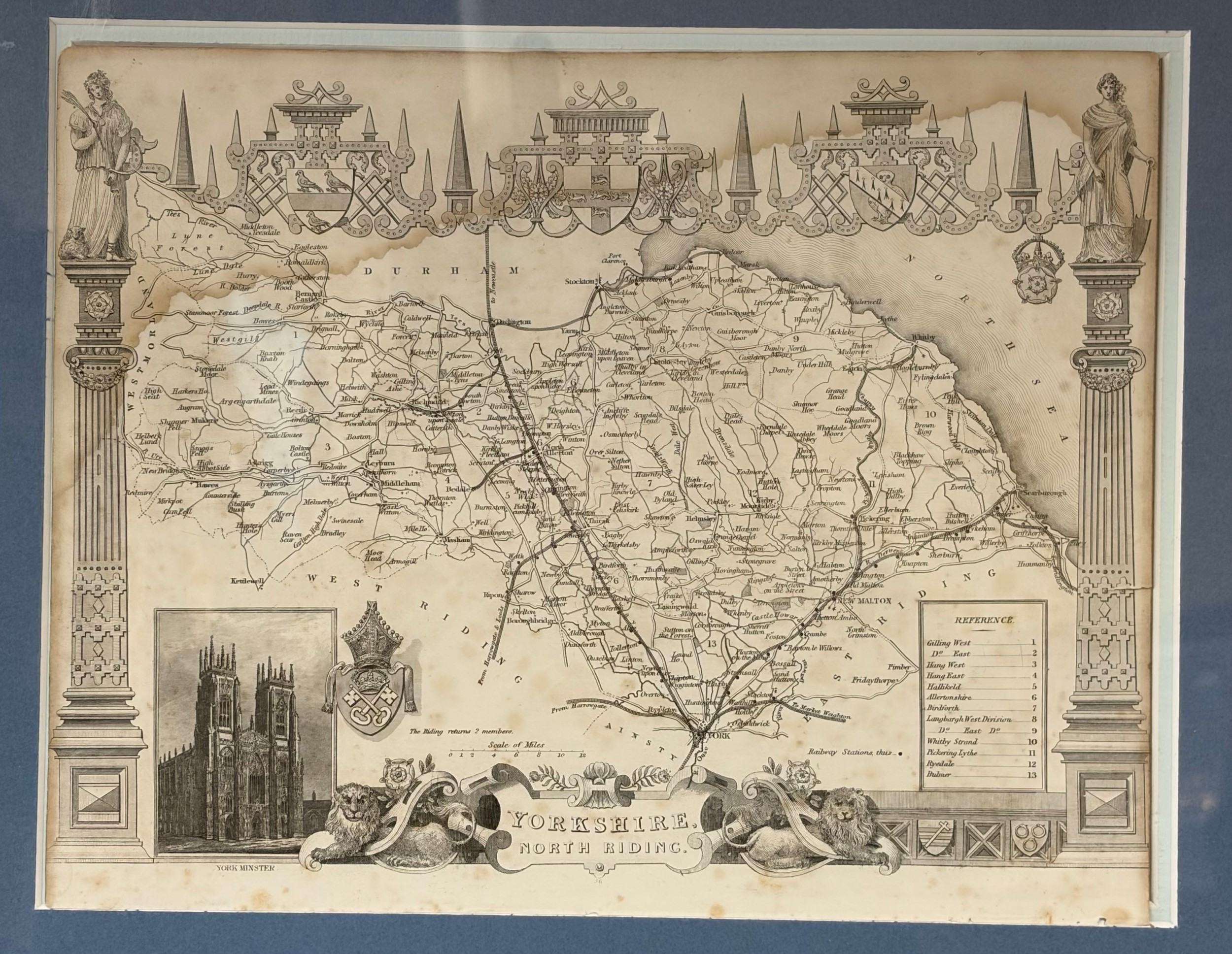 Three framed 19thC maps of Yorkshire, North Riding, East Riding & West ...