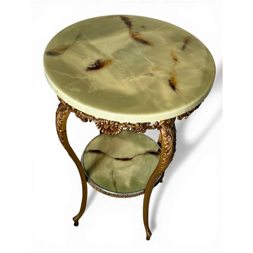 46 - An onyx and gilt metal 2 tier table. 45 d x 74cm h.