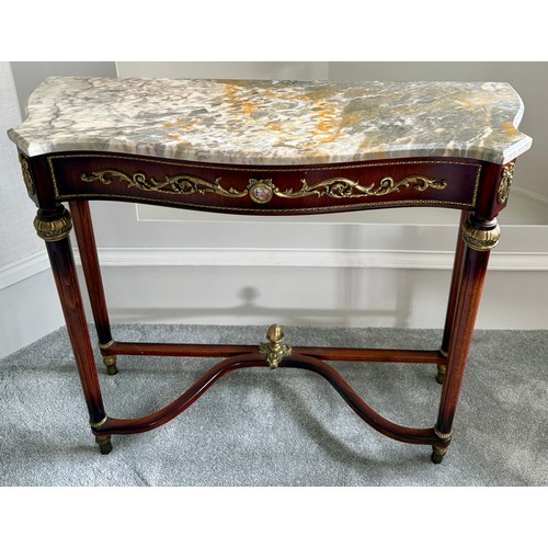 49 - A 20thC marble topped mahogany console table with gilt metal and porcelain mounts. 89 w x 31 d x 76c... 