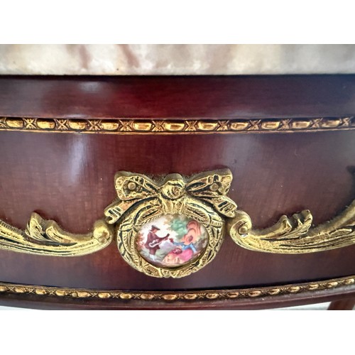 49 - A 20thC marble topped mahogany console table with gilt metal and porcelain mounts. 89 w x 31 d x 76c... 