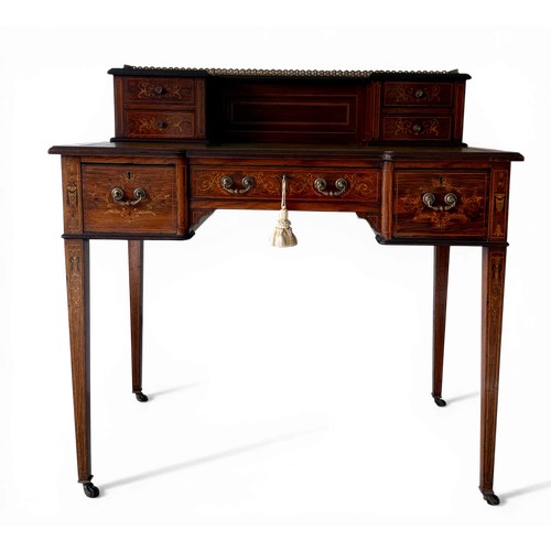 58 - Edwardian inlaid rosewood escritoire with tooled leather surface. 91 w x 53 d x 93cm h.