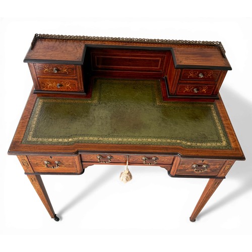 58 - Edwardian inlaid rosewood escritoire with tooled leather surface. 91 w x 53 d x 93cm h.