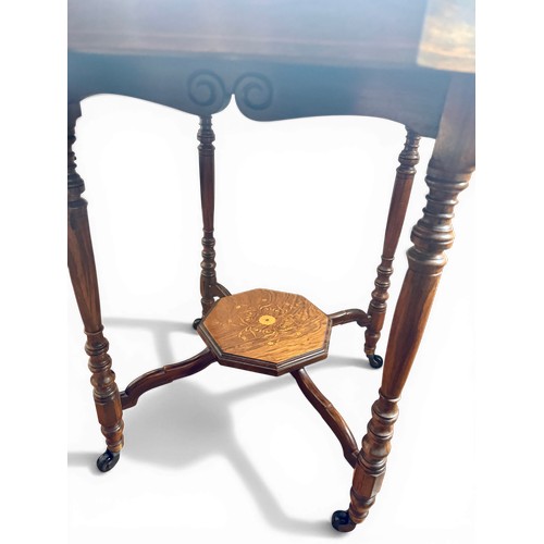 59 - An Edwardian inlaid rosewood hexagonal table with ivory inlay. 76 d x 72cm h. Submission reference F... 