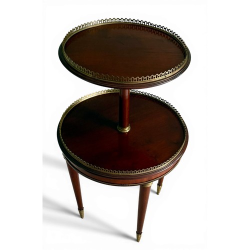 60 - A 20thC mahogany two tier table with gilt metal mounts. 50 d x 85cm h.