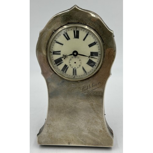 482 - A silver fronted boudoir clock, Birmingham 1918, A & J Zimmerman Ltd. Now battery operated. 16.5cm h... 