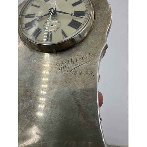 482 - A silver fronted boudoir clock, Birmingham 1918, A & J Zimmerman Ltd. Now battery operated. 16.5cm h... 