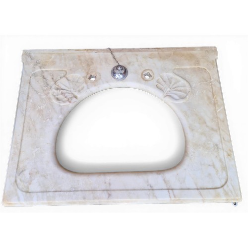 3 - A white porcelain sink, marble surround, chrome legs and modern mirror to back, circa 1935.