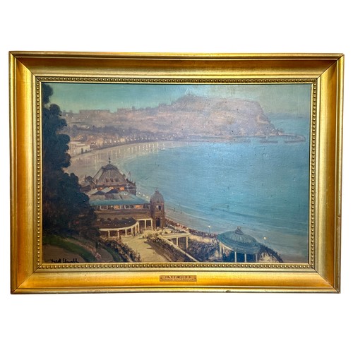 Fred Elwell R.A oil on board, Scarborough South Bay. Signed L.L. 37cm x 55cm.