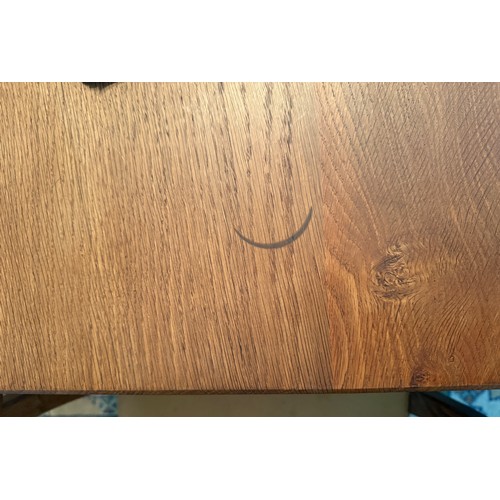 106A - An Alan 'Acornman' Grainger refectory table 212cm l x 87cm w and 8 leather covered chairs with ladde... 