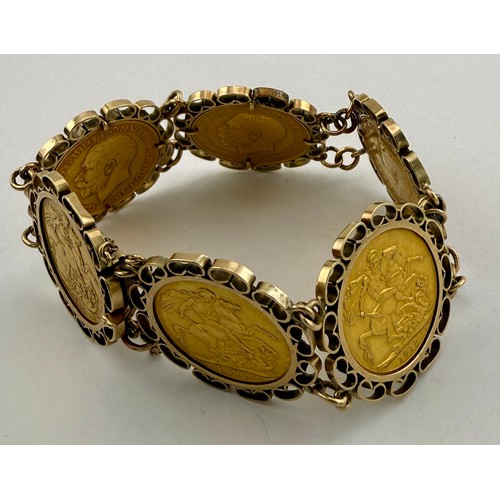 A bracelet made up of six full sovereigns dated 1911, 1912 X 2, 1913, 1914, 1915 all set. In unmarked yellow metal decorative mount with safety chain. Total weight 67.6gm.