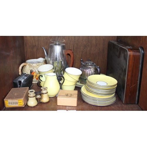 41 - SECTION 41. A small collection of yellow Crown Staffordshire pottery tea wares, two silver-plated te...