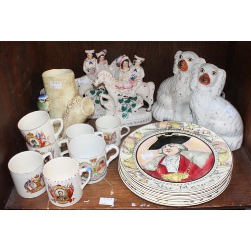 37 - SECTION 37.  A pair of Staffordshire pottery seated Spaniels and a pair of figures, together with si...