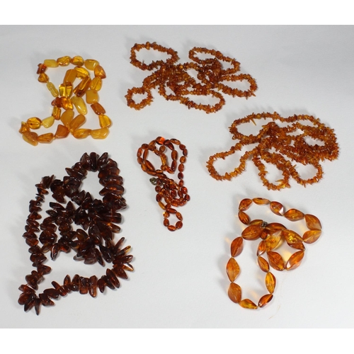 104 - Six various amber necklaces, the longest approx. 94cm, 175g