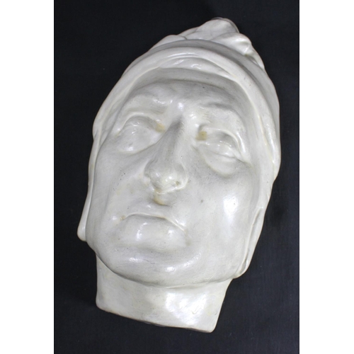 671 - A ceramic death or funerary mask of a middle-aged European man wearing a nightcap, 26cm