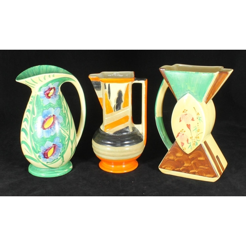 37 - Three assorted Myott. Son & Co Art Deco pottery items comprising a Square Neck '9185', Chicken Neck ... 