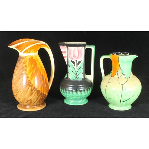 43 - Three Myott. Son & Co Art Deco pottery jugs comprising a chicken neck example painted in brown, oran... 