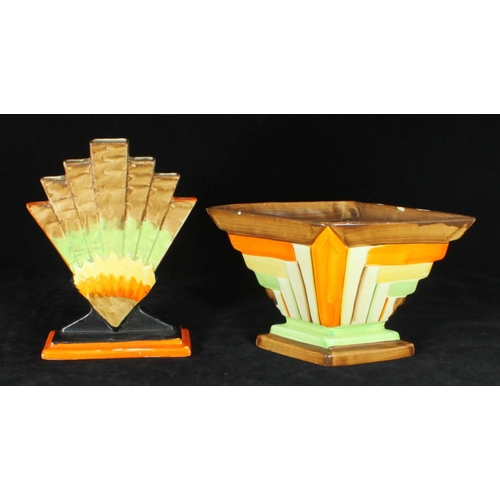 44 - Two assorted Myott. Son & Co Art Deco pottery vases including a diamond example painted in brown, or... 