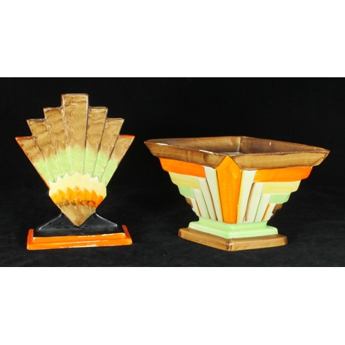 44 - Two assorted Myott. Son & Co Art Deco pottery vases including a diamond example painted in brown, or... 