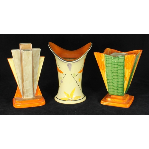 45 - Three assorted Myott. Son & Co Art Deco pottery vases comprising a pyramid vase painted in brown, ye... 