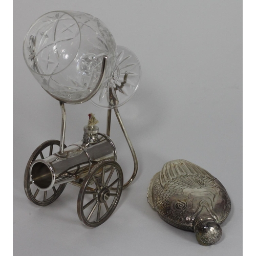 72 - A silver-plated brandy warmer modelled as a cannon, with glass brandy balloon, together with a silve... 