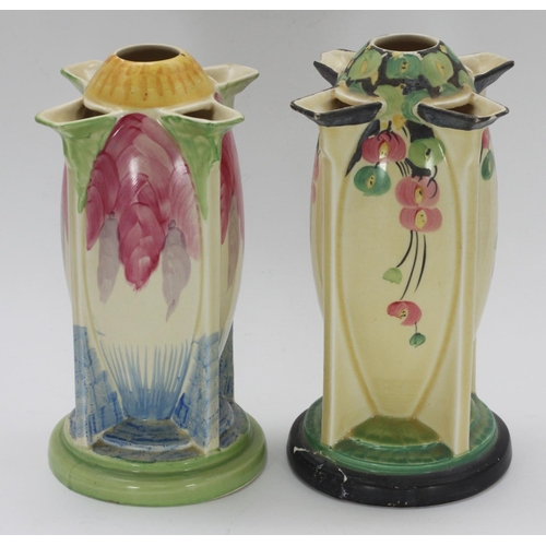 49 - Two Art Deco Myott Son & Co. pottery 'Torpedo' vases, one hand painted with a pink, blue and green f... 