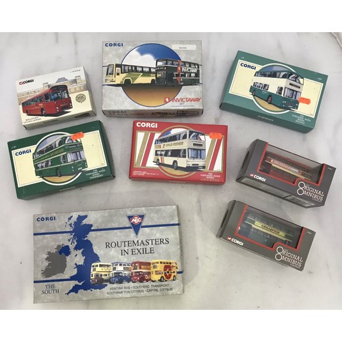 308 - 12 Corgi die cast model buses including Route Masters in Exile (4)(The South), Invictaway Set (2), 3... 