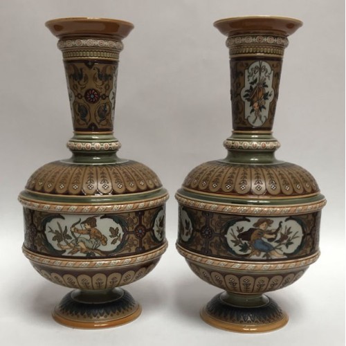 63 - A pair of Villeroy and Boch Mettlach pottery vases, in the Renaissance style, the body of compressed... 