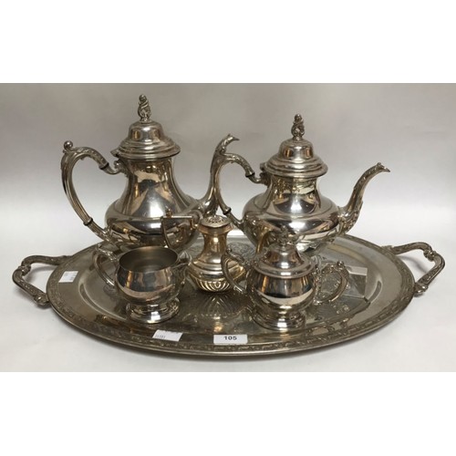 105 - An Oneida four-piece silver-plated tea and coffee set, together with an oval two-handled tray, minia... 