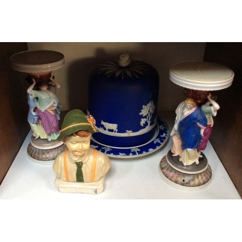 11 - SECTION 11.  A Wedgwood Jasperware blue and white stilton dish (af), together with a pair of centrep... 