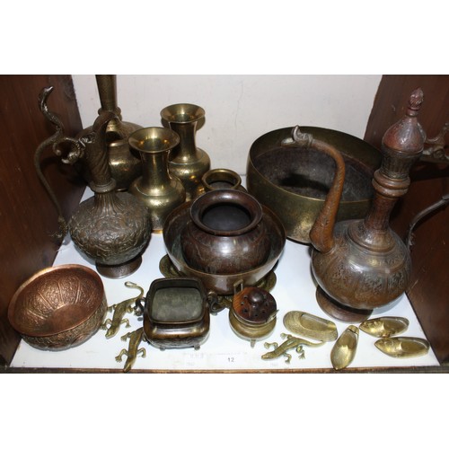 12 - SECTION 12.  Various engraved brass and copperwares including Islamic style pots, ewers, vases, liza... 