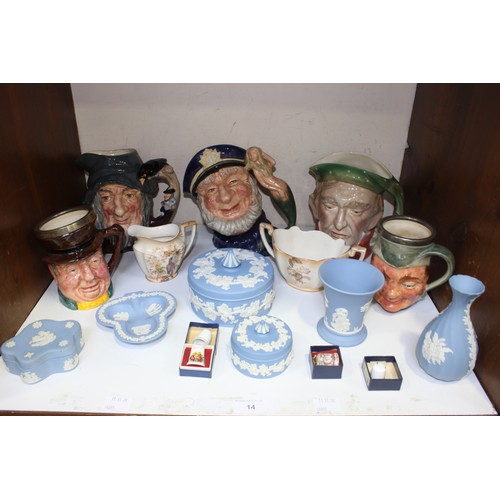 14 - SECTION 14. A collection of assorted mixed ceramics comprising five various character jugs, six vari... 