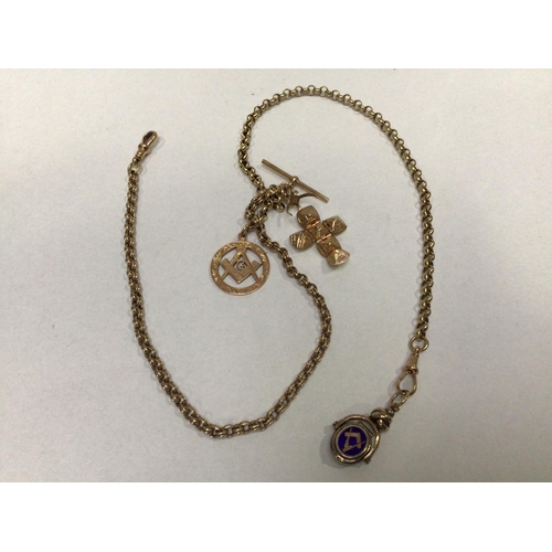 177 - A 9ct gold Albert chain and charms comprising a belcher link chain and a double link belcher chain, ... 