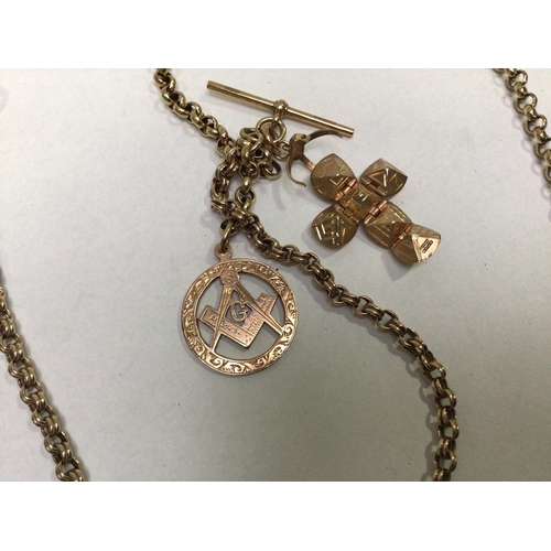 177 - A 9ct gold Albert chain and charms comprising a belcher link chain and a double link belcher chain, ... 