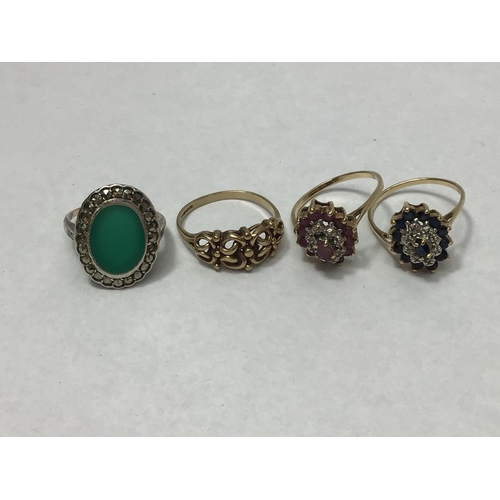 194 - Three various 9ct gold rings including two set with emerald and ruby coloured stones with diamond ch... 