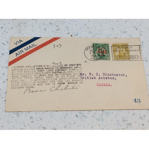 280 - Air Crash Mail / Postal History: A ltd edition 303/872 signed Sir Francis Chichester Cover Manila to... 