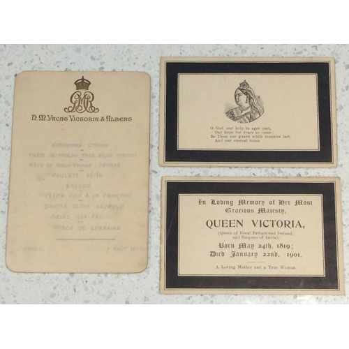 281 - A HM Royal Yacht Victoria & Albert Menu Card, Cowes, 1924, together with two various Queen Victoria ... 