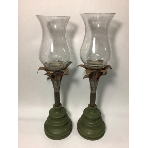 95C - A pair of up-cycled candle holders with 19th century hand-blown glass 'Hurricane' oil lamp shades, m... 