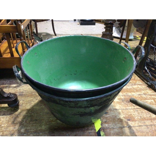 180B - Two large green enamelled tin twin-handled tubs with round bottoms, possibly fruit picking tubs, 60c... 