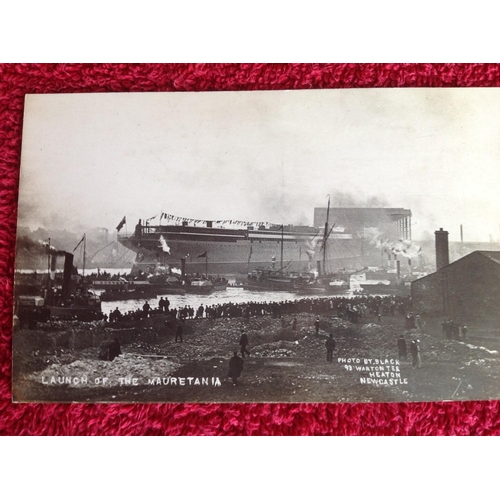 253 - Four real photographic postcards of the launching of the RMS Mauretania, the ocean liner which when ... 