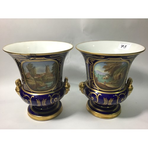 125 - A pair of early 19th century Derby porcelain campagna vases, hand painted with a view of 'Windsor Ca... 