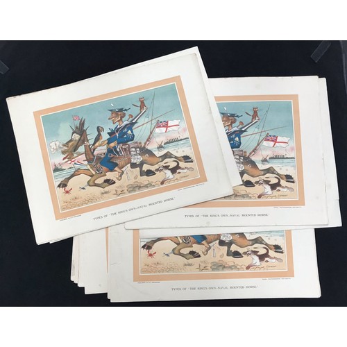 291 - A collection of 39 unusual unframed coloured caricature prints 'Types of the Kings Own Naval Mounted... 