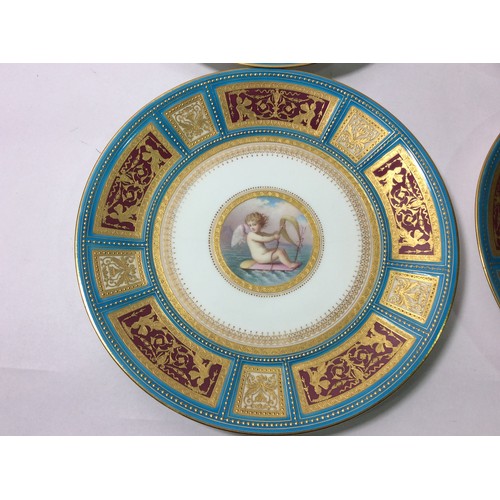 86 - A set of four 19th century Minton cabinet plates, the centres painted in polychrome enamels with che... 