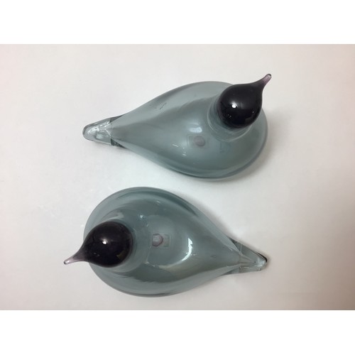 104 - A pair of Oiva Toikka for Iittala studio glass birds, both clear grey with black heads, both with et... 