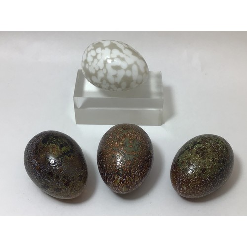 113 - Four Oiva Toikka for Iittala studio glass eggs, three with etched signatures to bases, 8cm long