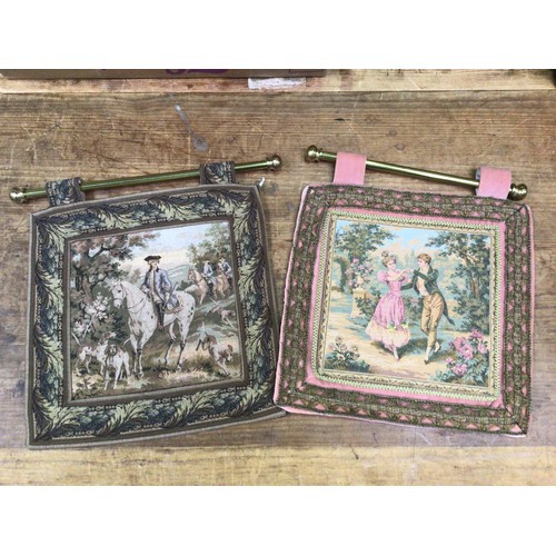 295 - A pair of hanging tapestries with classical scenes, together with five framed hand made lace example... 