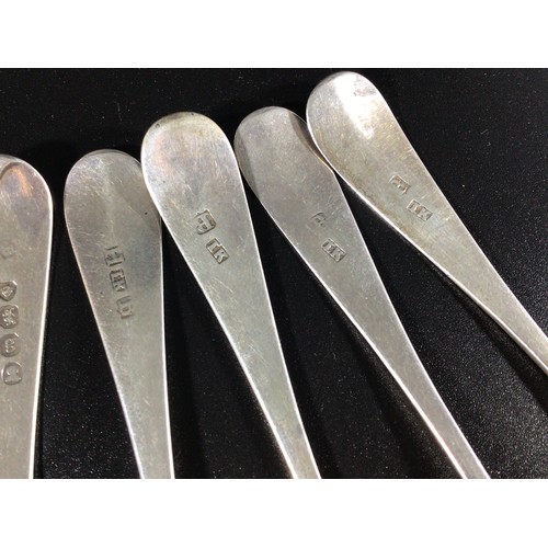 144 - A matched set of eight 19th century Old English pattern 'white metal' teaspoons, (one hallmarked, al... 