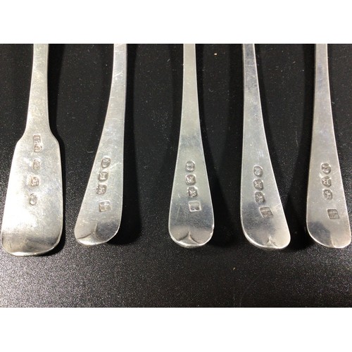 150 - A small selection of silver items including five assorted Georgian silver fiddle pattern teaspoons, ... 