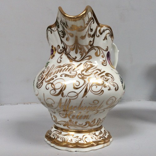 54 - Five various 19th century Staffordshire porcelain jugs with hand-painted polychrome floral decoratio... 