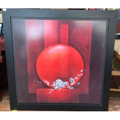 411 - Bernadette Triki (20th Century) ‘Offrande’ Large abstract print on board, in shades of red, with whi... 